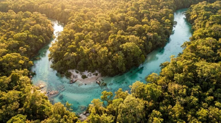 Vista aerea de um rio cristalino cercado de mata verde perto de Bonito ao entardecer