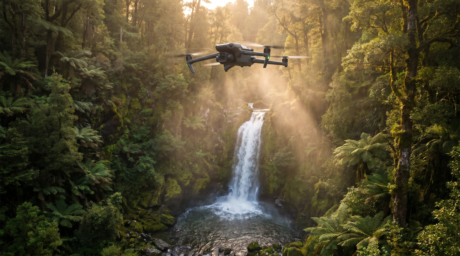 Drone sobrevoando a uma distancia respeitosa uma cachoeira cercada de mata