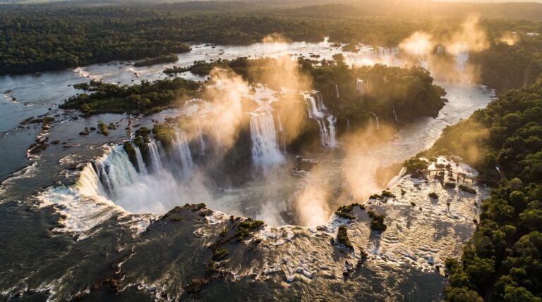 Vista aerea panoramica das Cataratas do Iguacu ao entardecer
