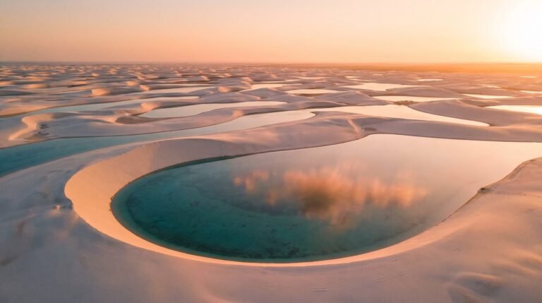 Vista aerea das dunas brancas e da lagoa azul turquesa dos Lencois Maranhenses ao entardecer