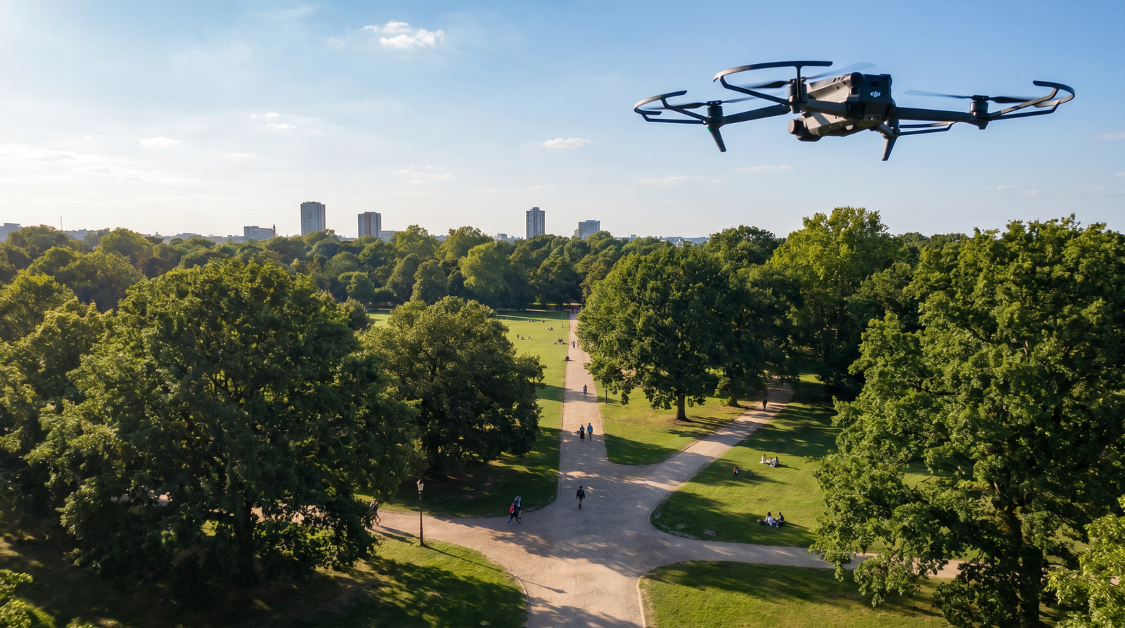 Drone voando sobre um grande parque urbano arborizado em dia ensolarado