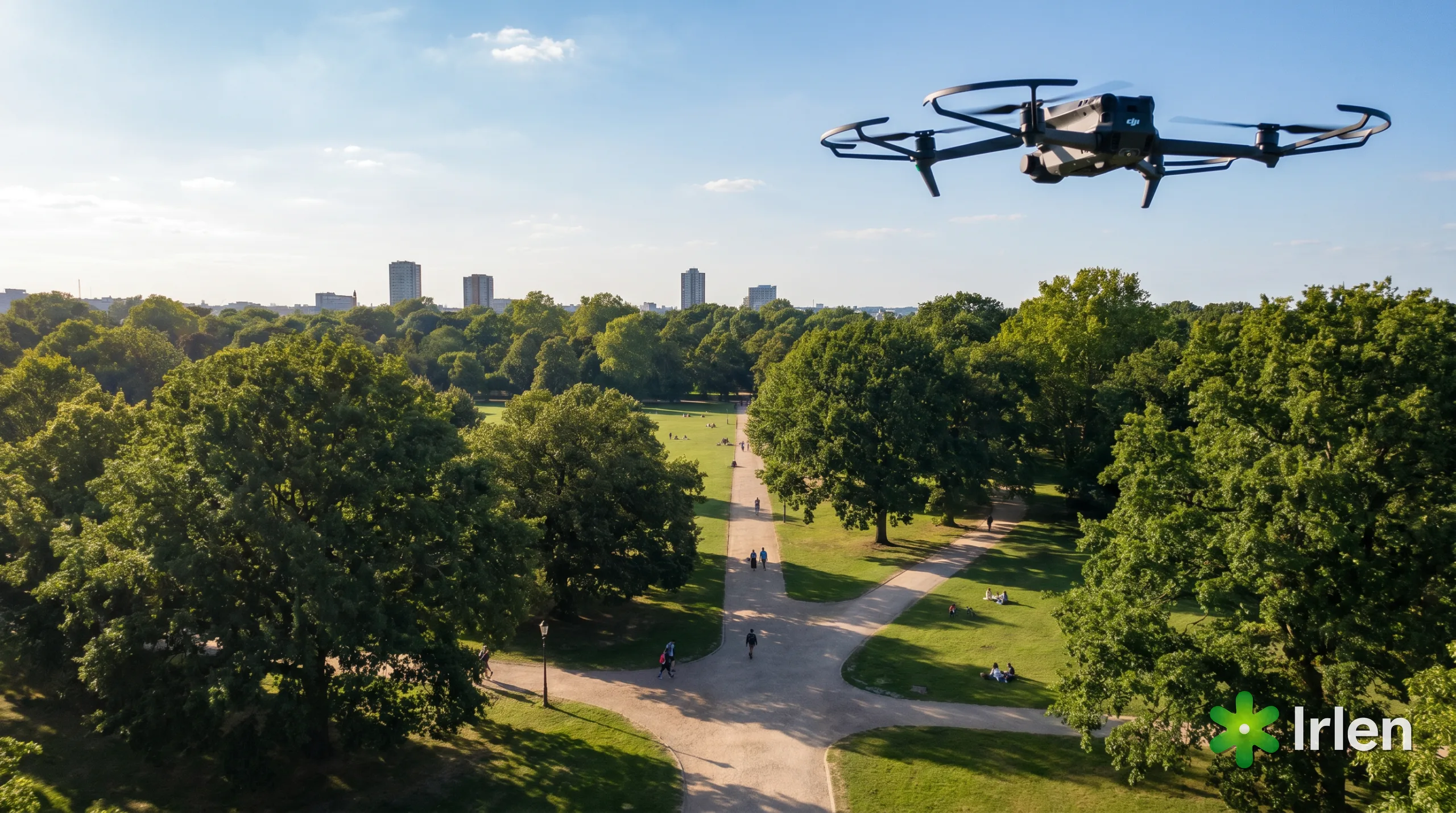 Drone voando sobre um grande parque urbano arborizado em dia ensolarado
