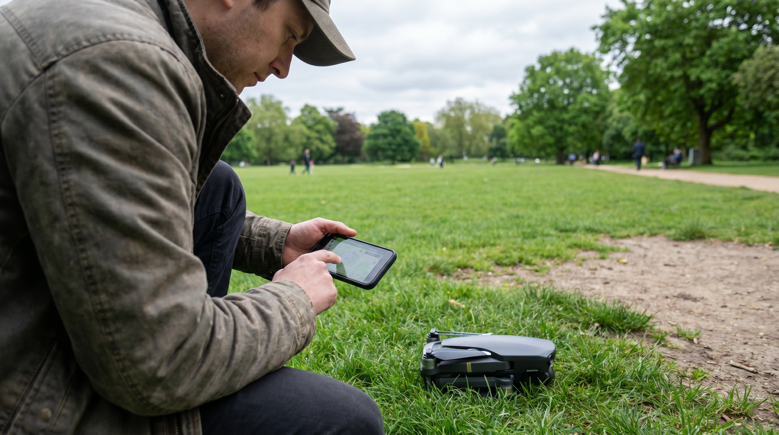 Piloto consultando o mapa no celular na borda de um parque, com o drone ao lado