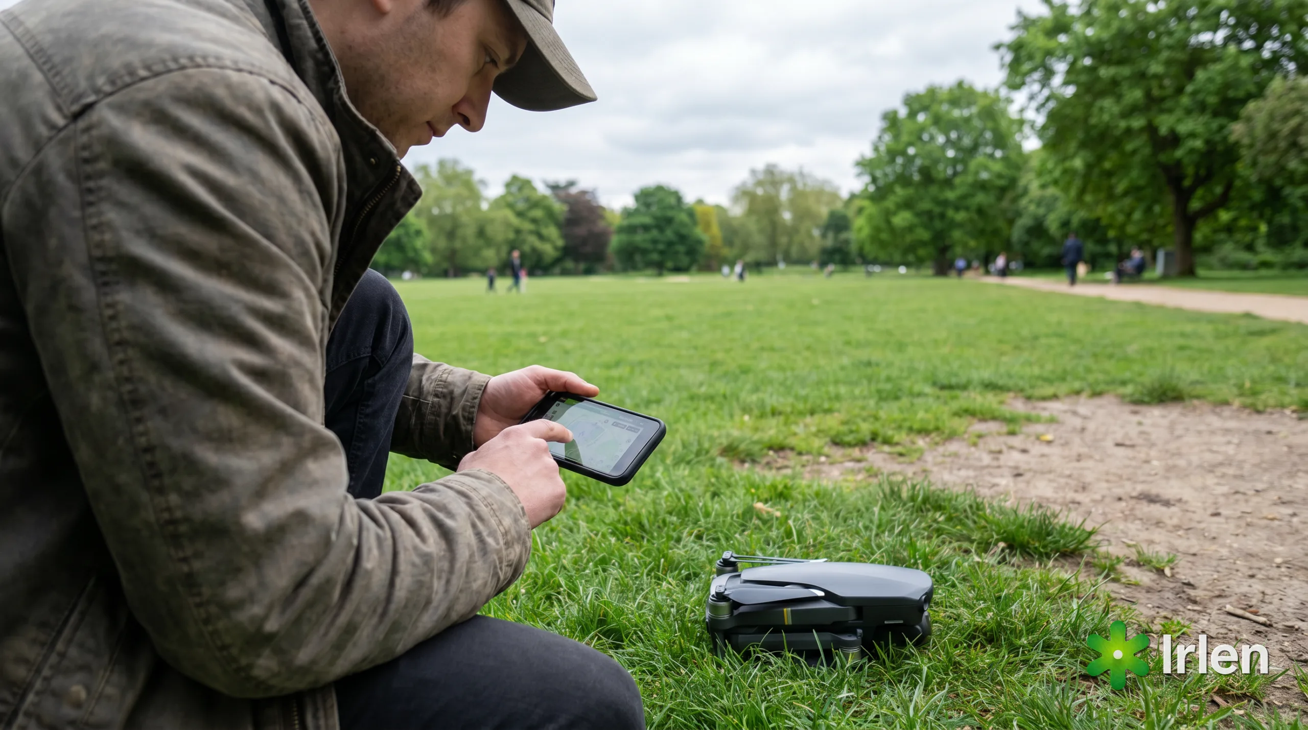 Piloto consultando o mapa no celular na borda de um parque, com o drone ao lado