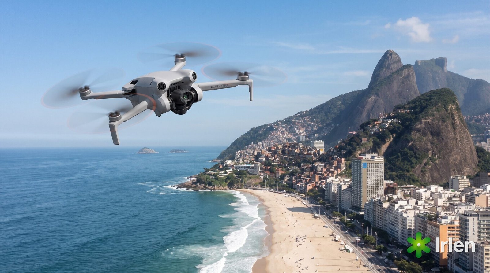 Drone DJI Mini 4 Pro sobrevoando a orla do Rio de Janeiro