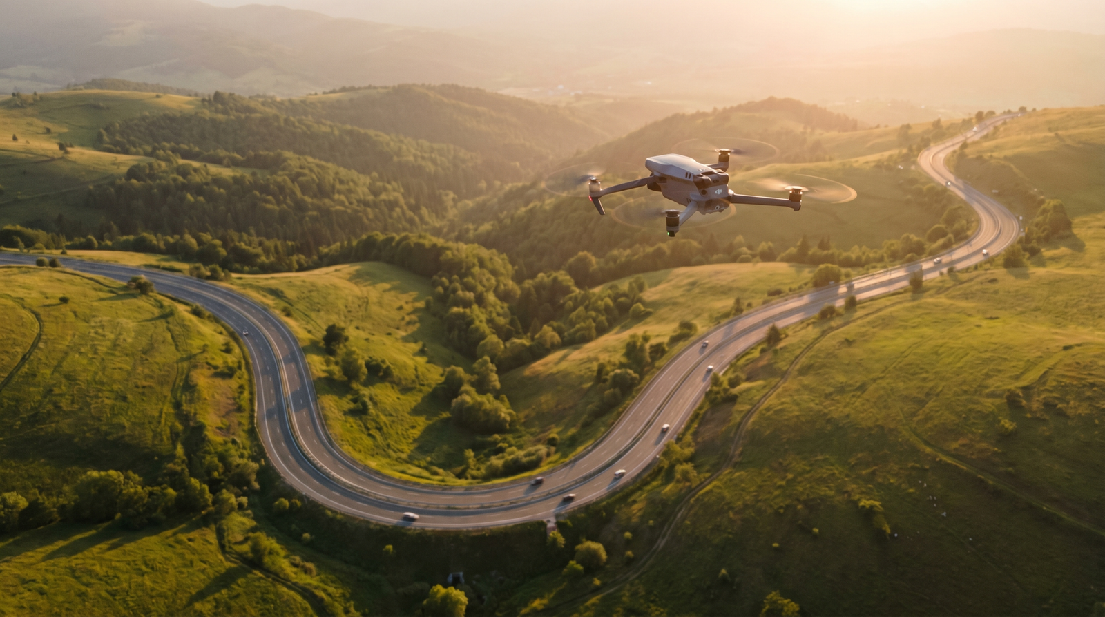 Drone voando bem alto sobre uma rodovia sinuosa, com os carros pequenos la embaixo