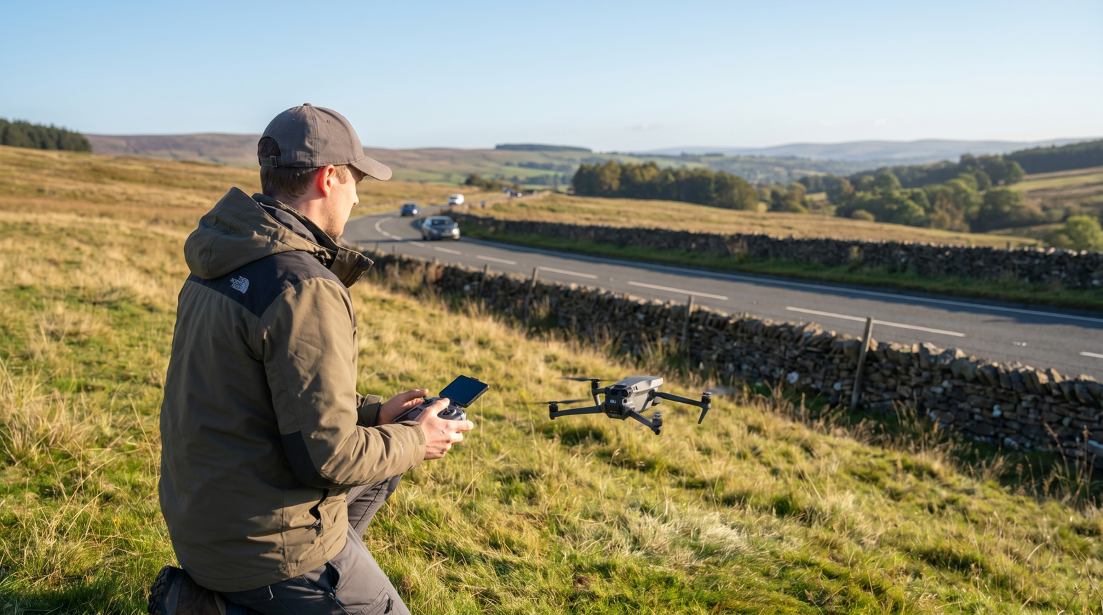 Piloto decolando o drone de um ponto seguro fora da pista, longe da rodovia