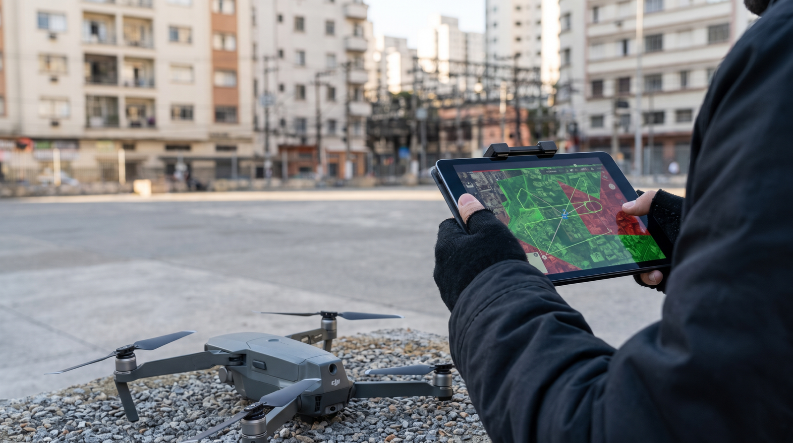 Maos consultando o mapa de espaco aereo no tablet em Sao Paulo com um drone ao lado