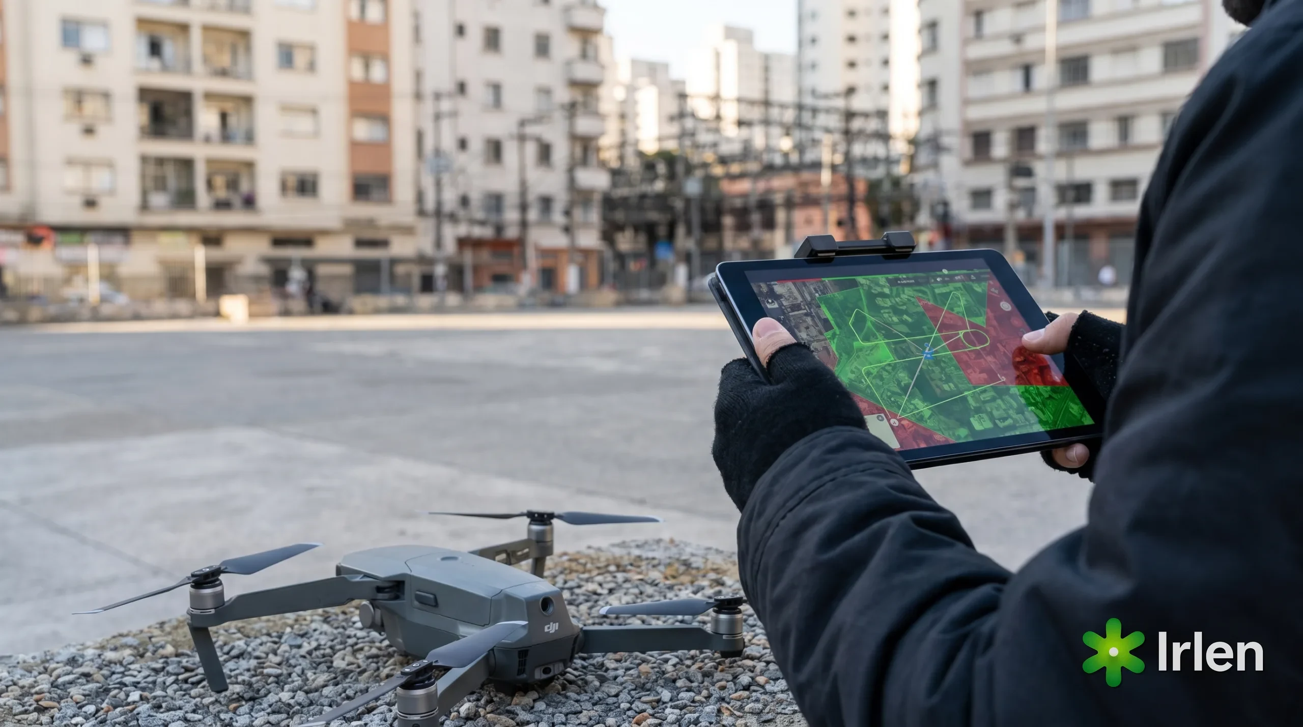 Maos consultando o mapa de espaco aereo no tablet em Sao Paulo com um drone ao lado
