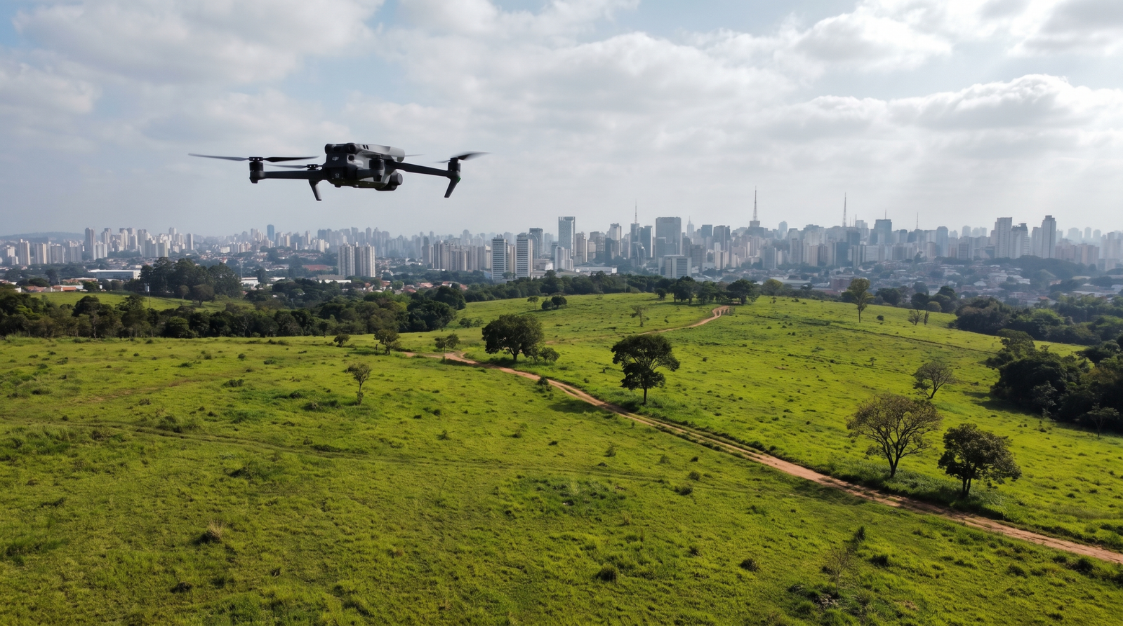 Drone DJI-style voando sobre uma area aberta de Sao Paulo com a linha de predios ao longe