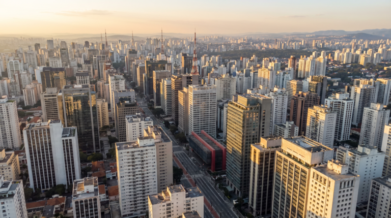 Vista aerea da linha do horizonte de Sao Paulo com os arranha-ceus ao entardecer
