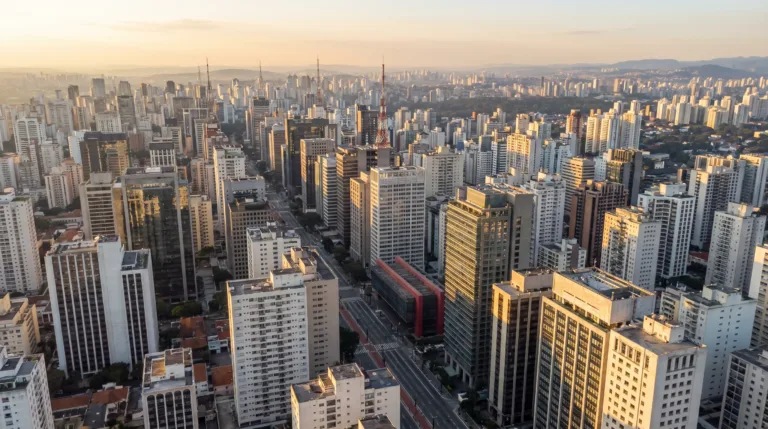 Vista aerea da linha do horizonte de Sao Paulo com os arranha-ceus ao entardecer