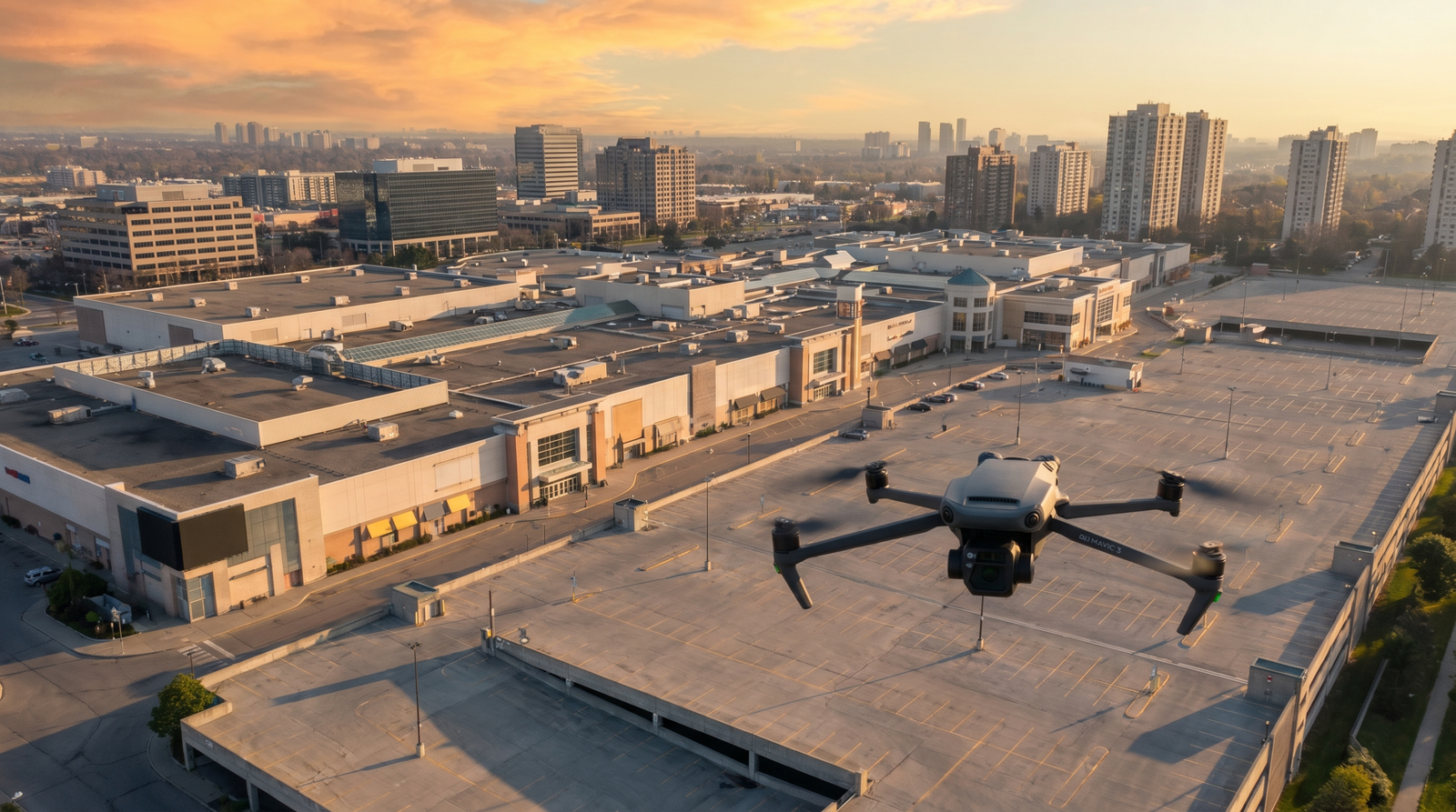 Drone filmando a distancia um shopping e o estacionamento, sem aglomeracao