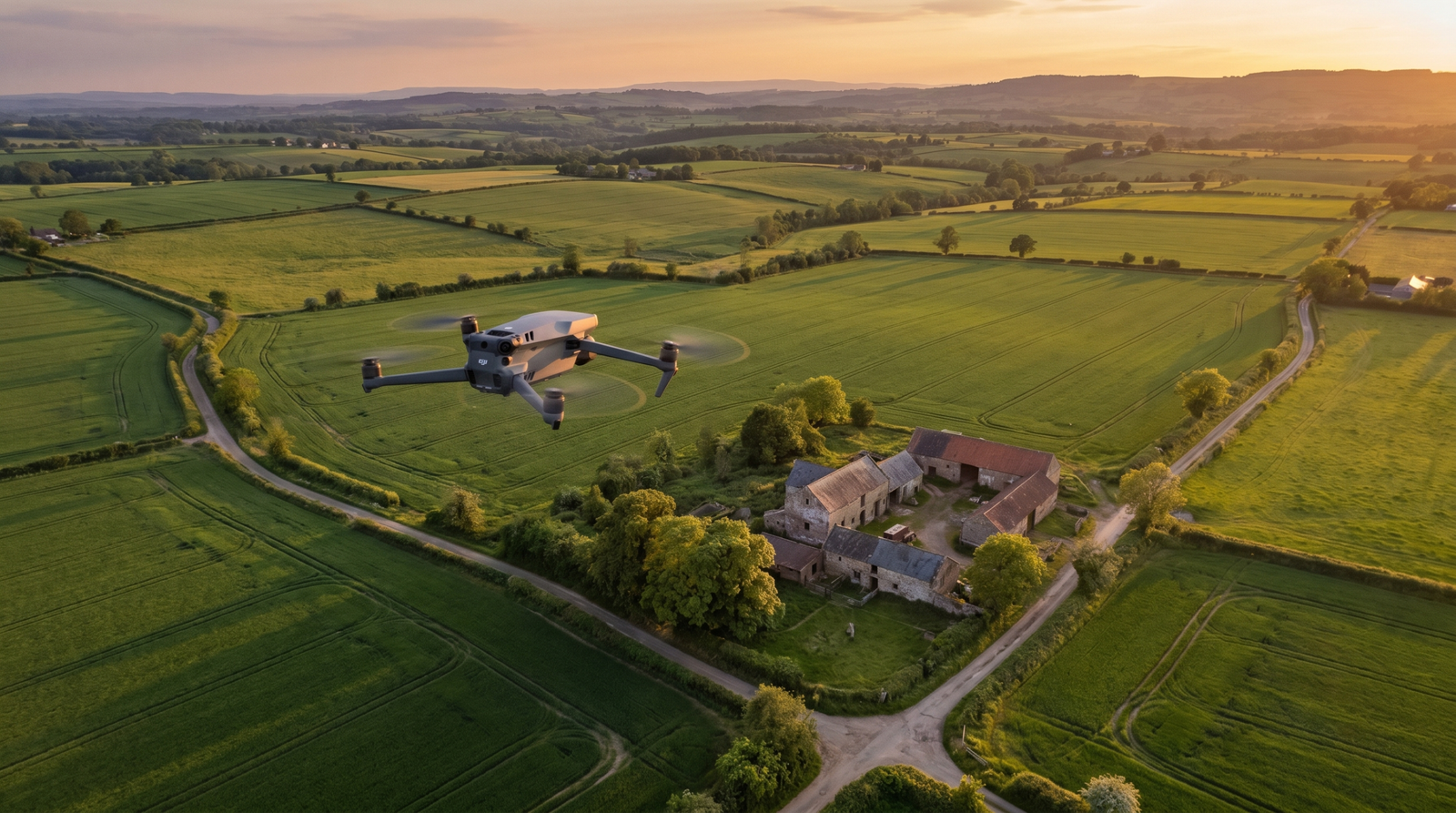 Drone voando alto sobre area rural com uma casa de fazenda ao longe