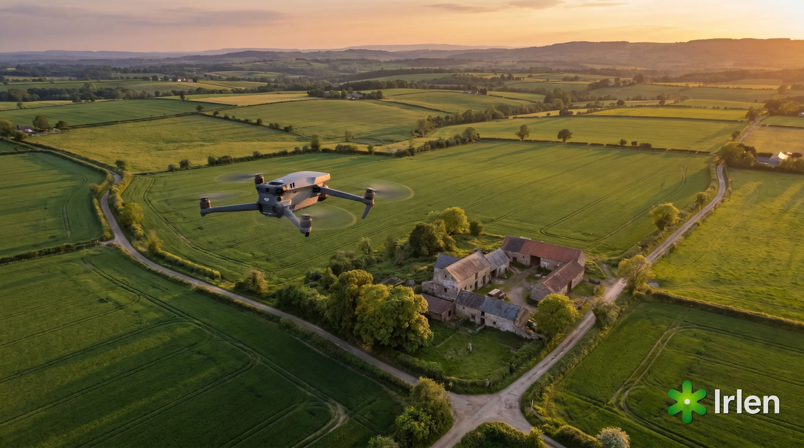 Drone voando alto sobre area rural com uma casa de fazenda ao longe