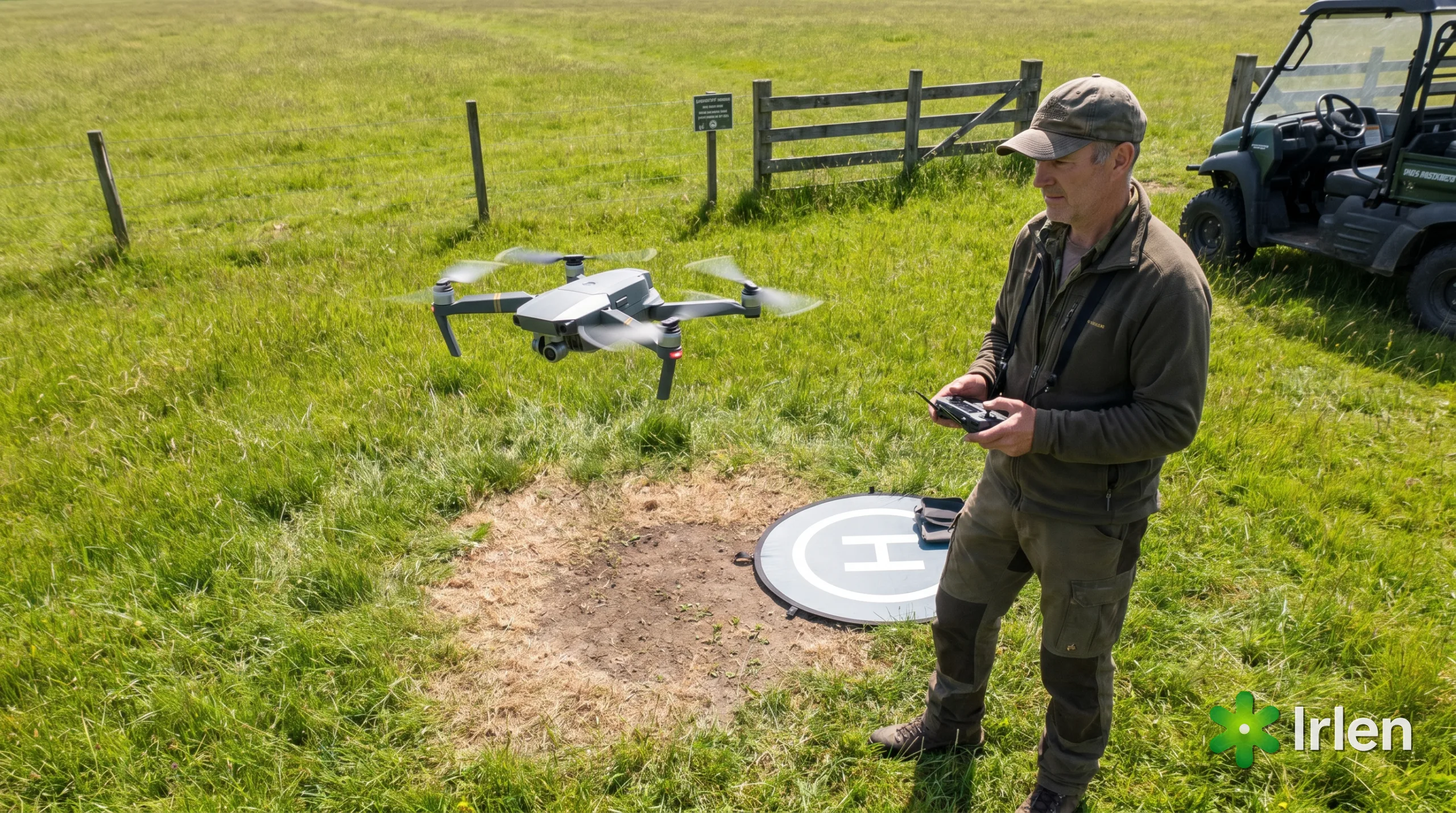 Piloto decolando o drone do proprio terreno aberto, em dia claro