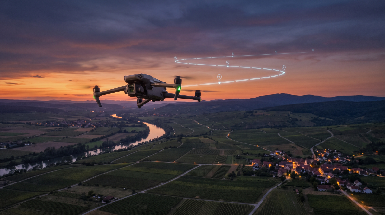 Drone DJI-style voando uma rota programada precisa sobre uma paisagem ao entardecer
