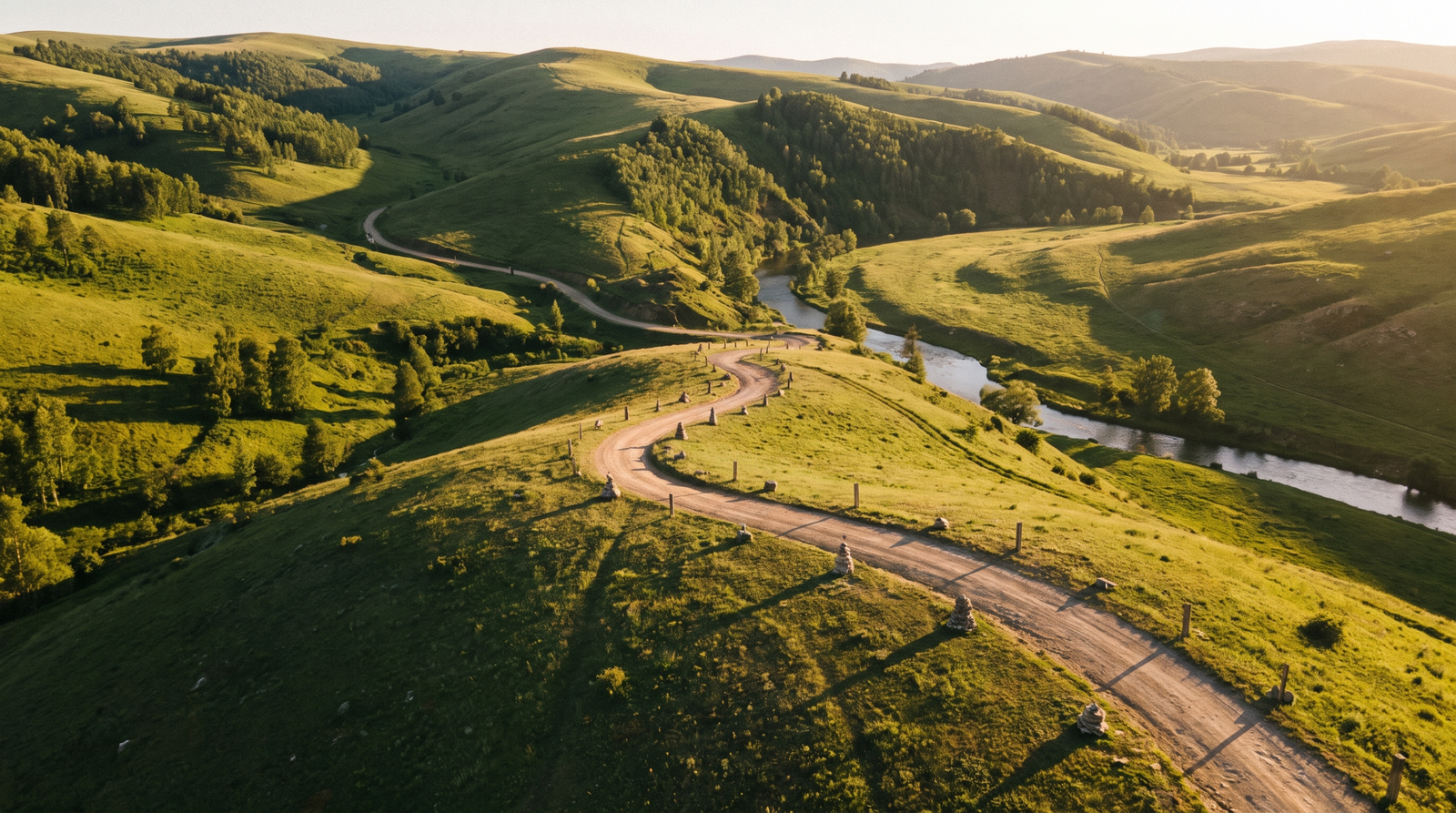 Foto aerea de uma paisagem ao entardecer com uma estrada sinuosa entre morros verdes