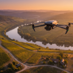 Drone DJI-style voando uma rota programada precisa sobre uma paisagem ao entardecer