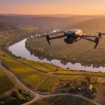 Drone DJI-style voando uma rota programada precisa sobre uma paisagem ao entardecer