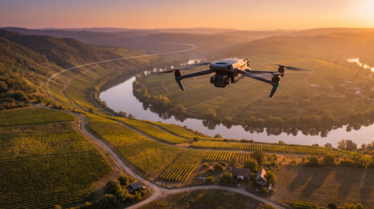 Drone DJI-style voando uma rota programada precisa sobre uma paisagem ao entardecer