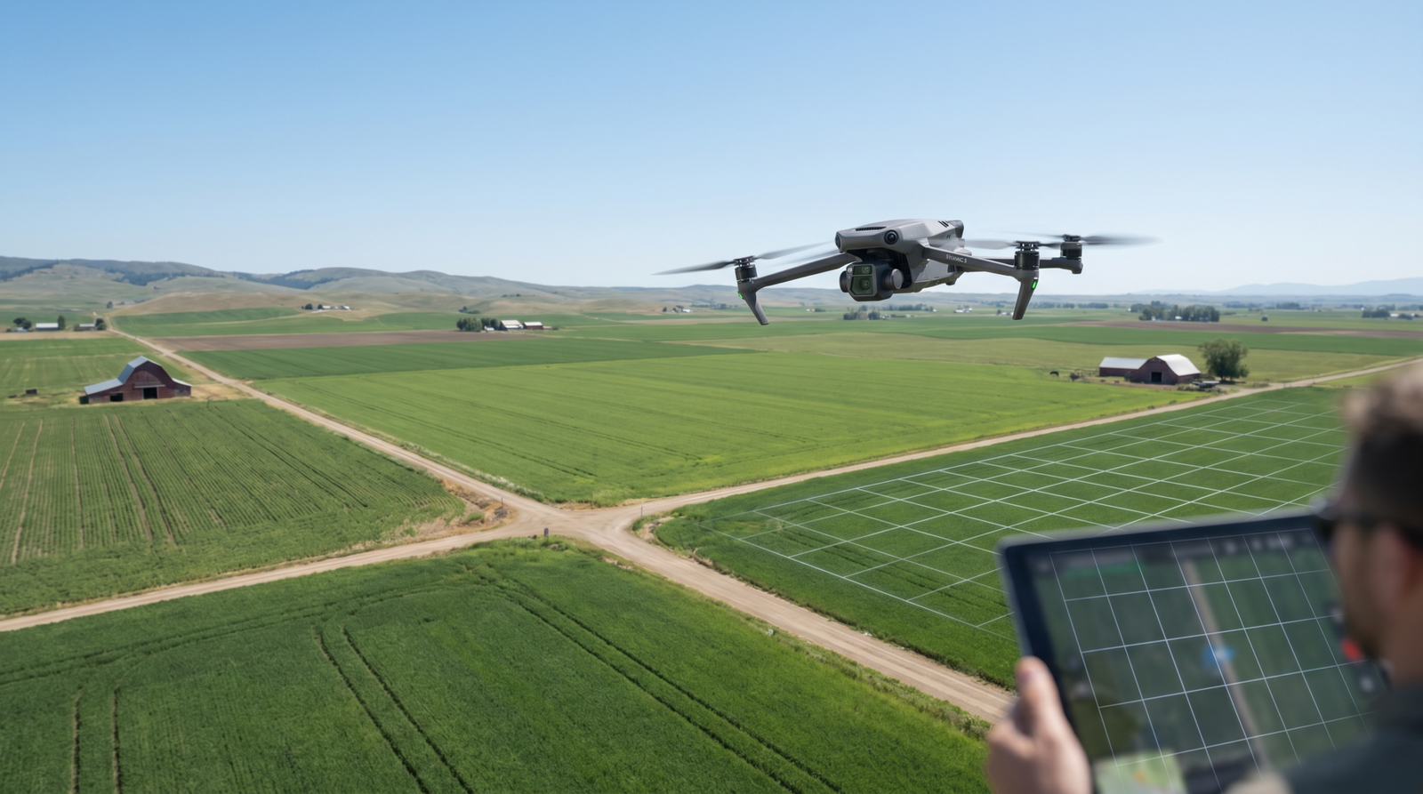 Drone sobrevoando uma area rural delimitada em missao de mapeamento