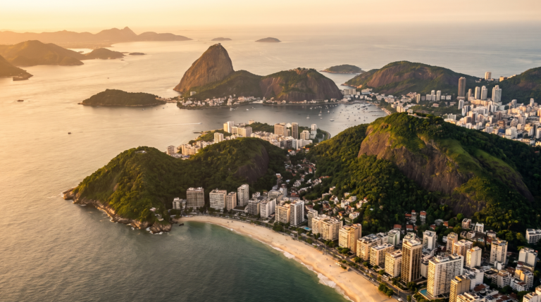 Vista aerea do Pao de Acucar, da baia de Guanabara e da orla do Rio de Janeiro