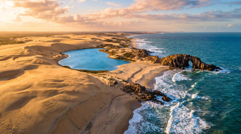 Vista aerea das dunas, da lagoa e da Pedra Furada em Jericoacoara no Ceara
