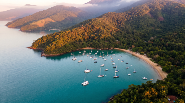 Vista aerea da mata atlantica e do canal de Ilhabela em Sao Paulo