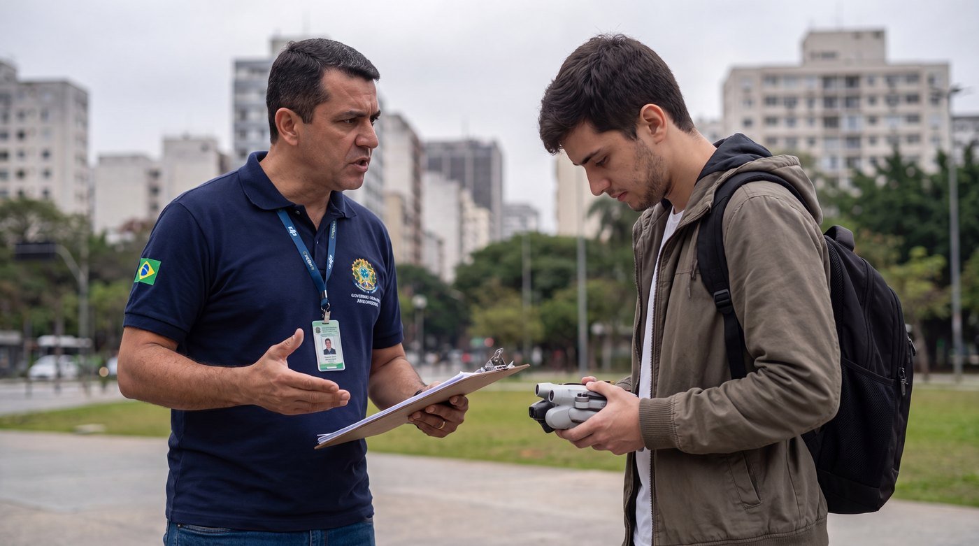 Fiscal de aviação com credencial abordando piloto de drone que segura um DJI Mini dobrado em parque urbano