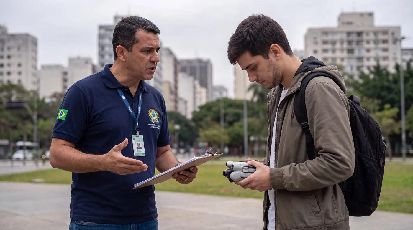 Fiscal de aviação com credencial abordando piloto de drone que segura um DJI Mini dobrado em parque urbano