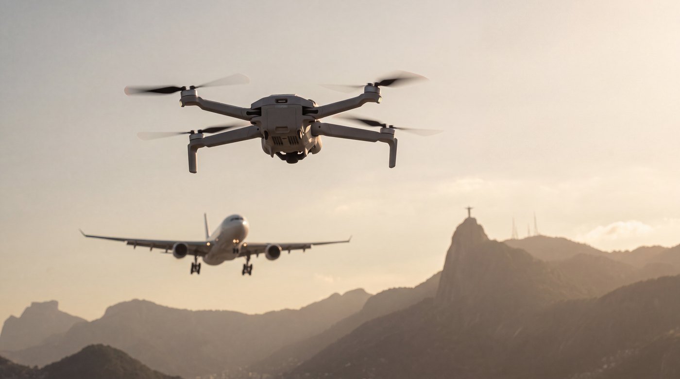 Drone voando irregularmente em primeiro plano com avião comercial na aproximação ao fundo, morros do Rio de Janeiro no horizonte