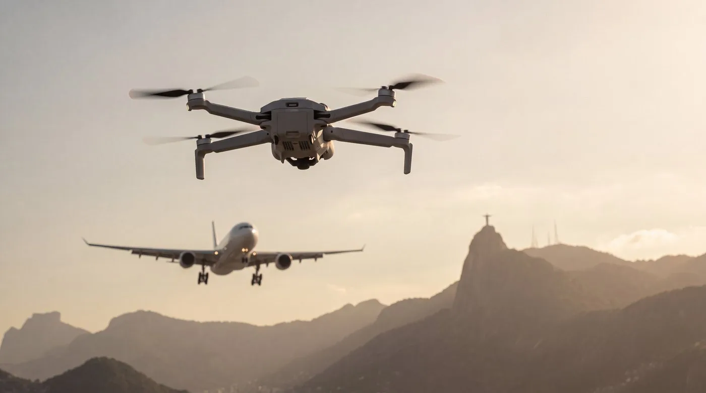 Drone voando irregularmente em primeiro plano com avião comercial na aproximação ao fundo, morros do Rio de Janeiro no horizonte