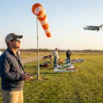 Aeromodelista voando um drone pequeno em um campo de recreacao de clube ao entardecer