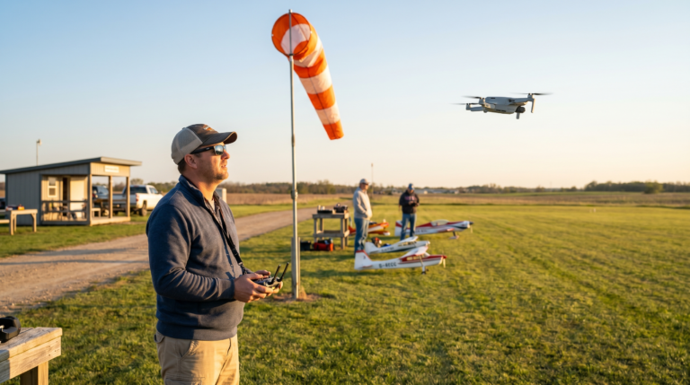 Aeromodelista voando um drone pequeno em um campo de recreacao de clube ao entardecer