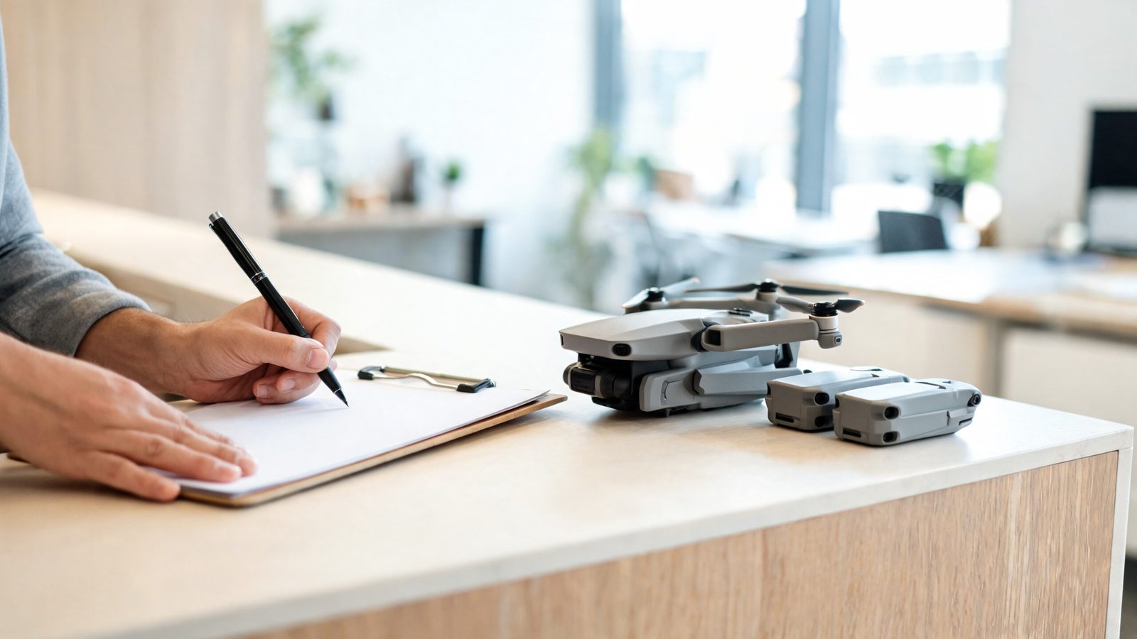 Cliente assinando o contrato de locacao com o drone e as baterias sobre o balcao
