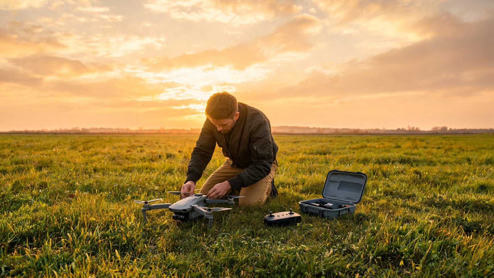 Piloto preparando o drone alugado para decolar em campo aberto no fim de tarde