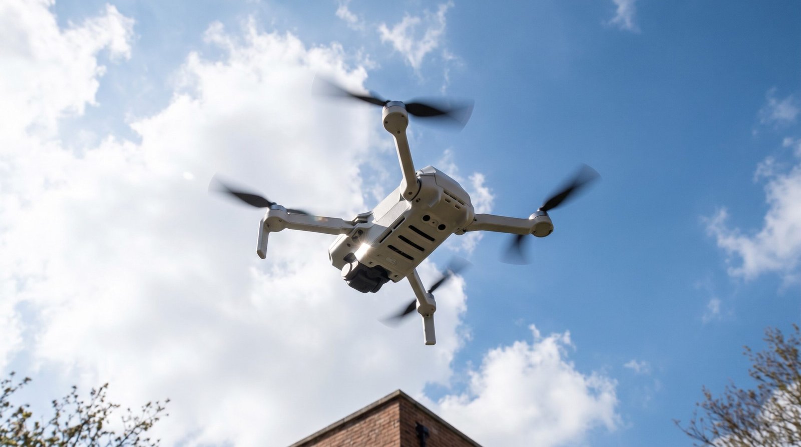 Drone DJI-style pairando alto no ceu azul visto do chao, ilustrando como identificar um drone de dia