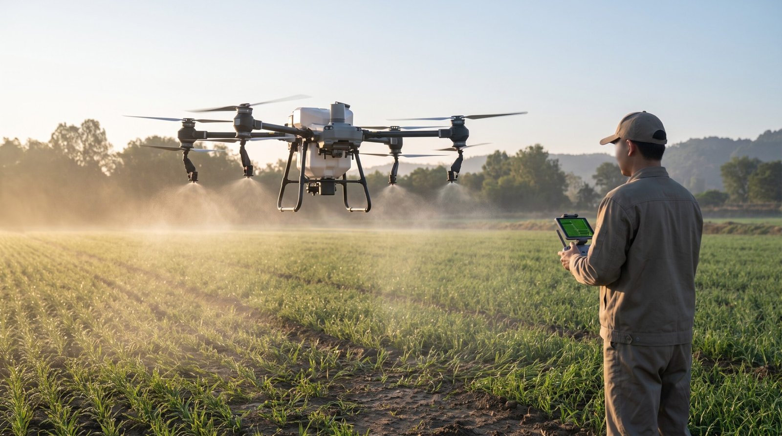 Drone agricola pulverizador em operacao com operador a distancia segura