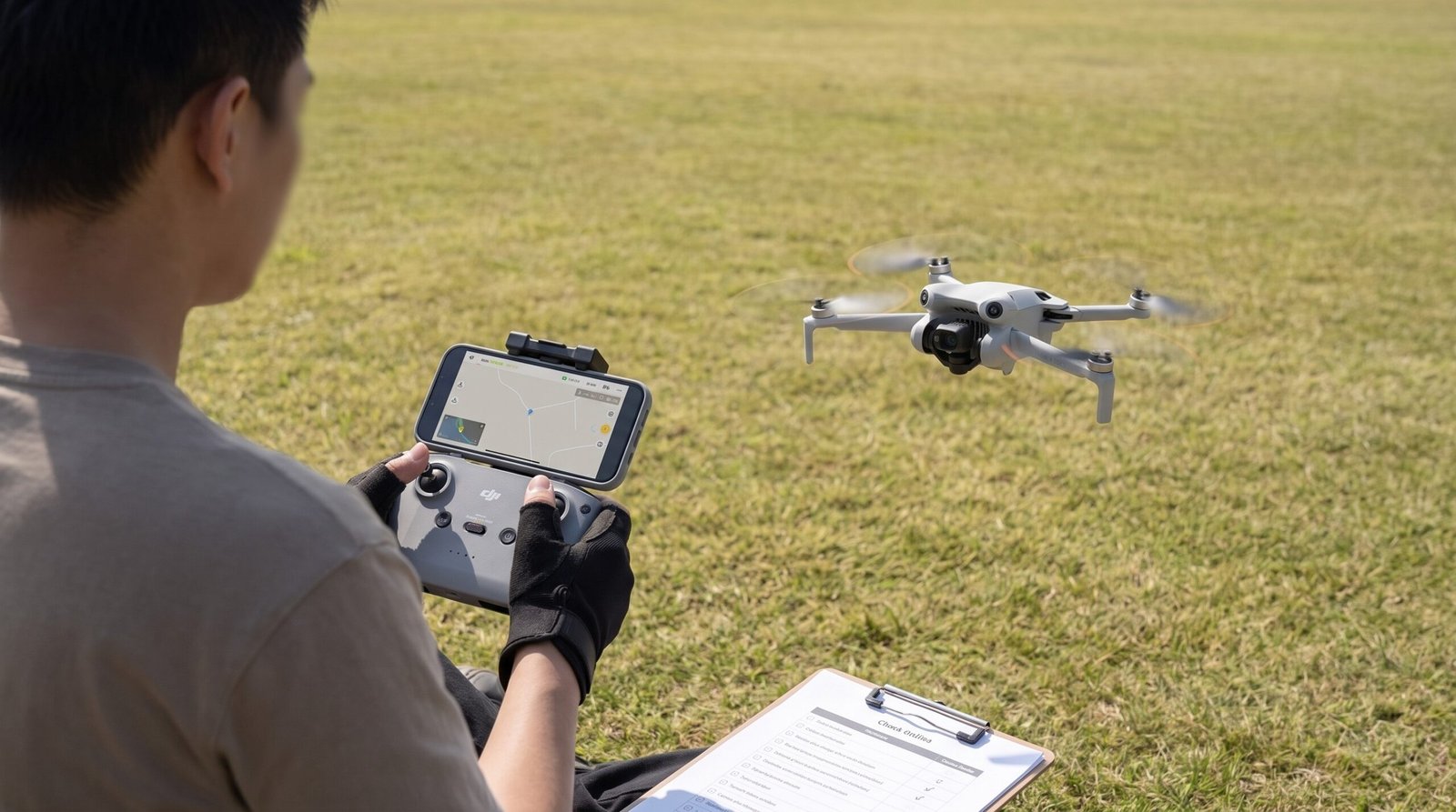 Pessoa treinando voo de drone em campo aberto com checklist no chao