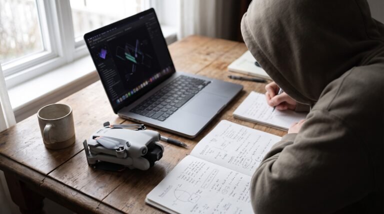 Pessoa estudando com notebook e drone dobrado sobre a mesa