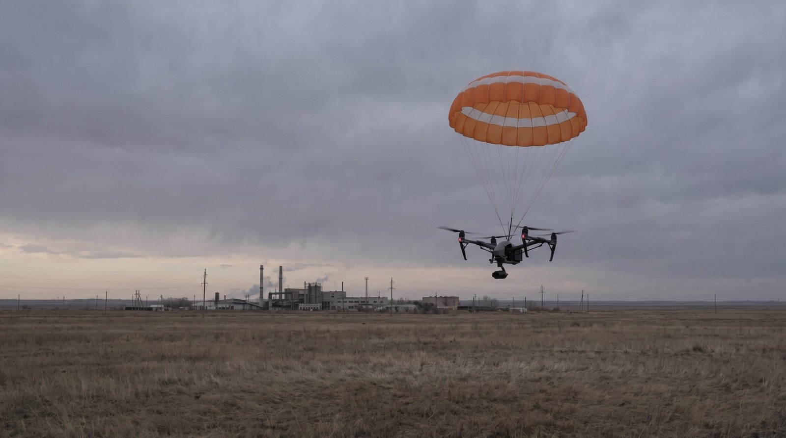 Teste de paraquedas de drone visto a distancia sobre campo aberto
