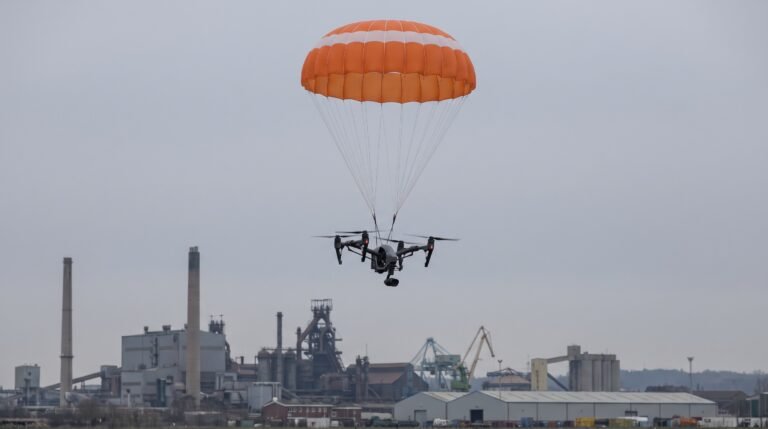 Drone profissional descendo suspenso por um paraquedas aberto
