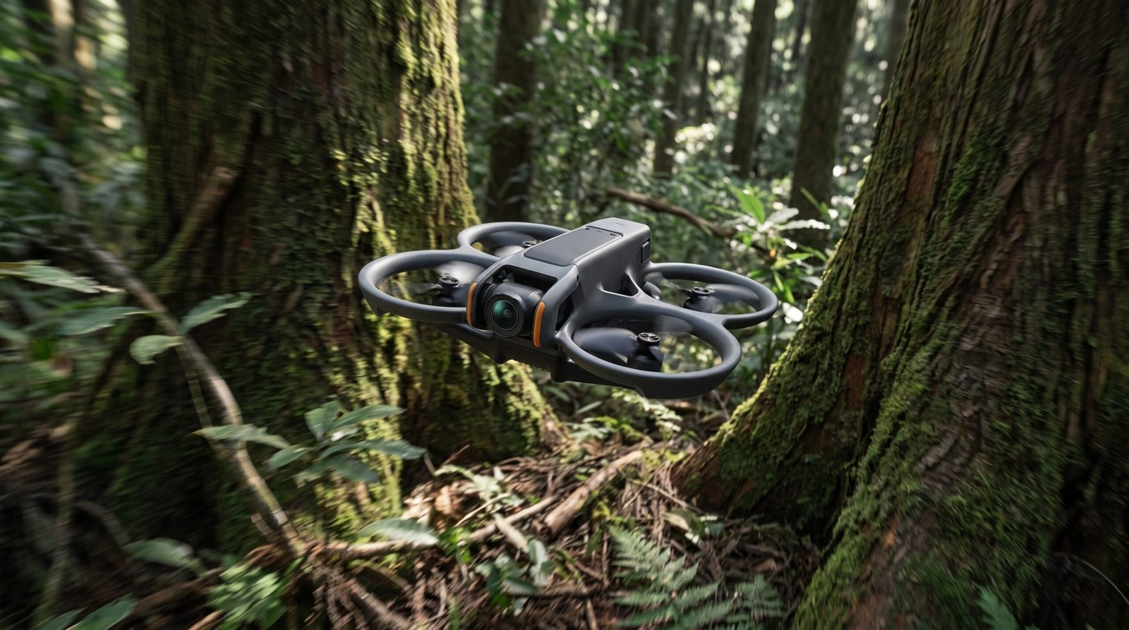 DJI Avata 2 em voo de proximidade entre arvores, helices protegidas pela gaiola