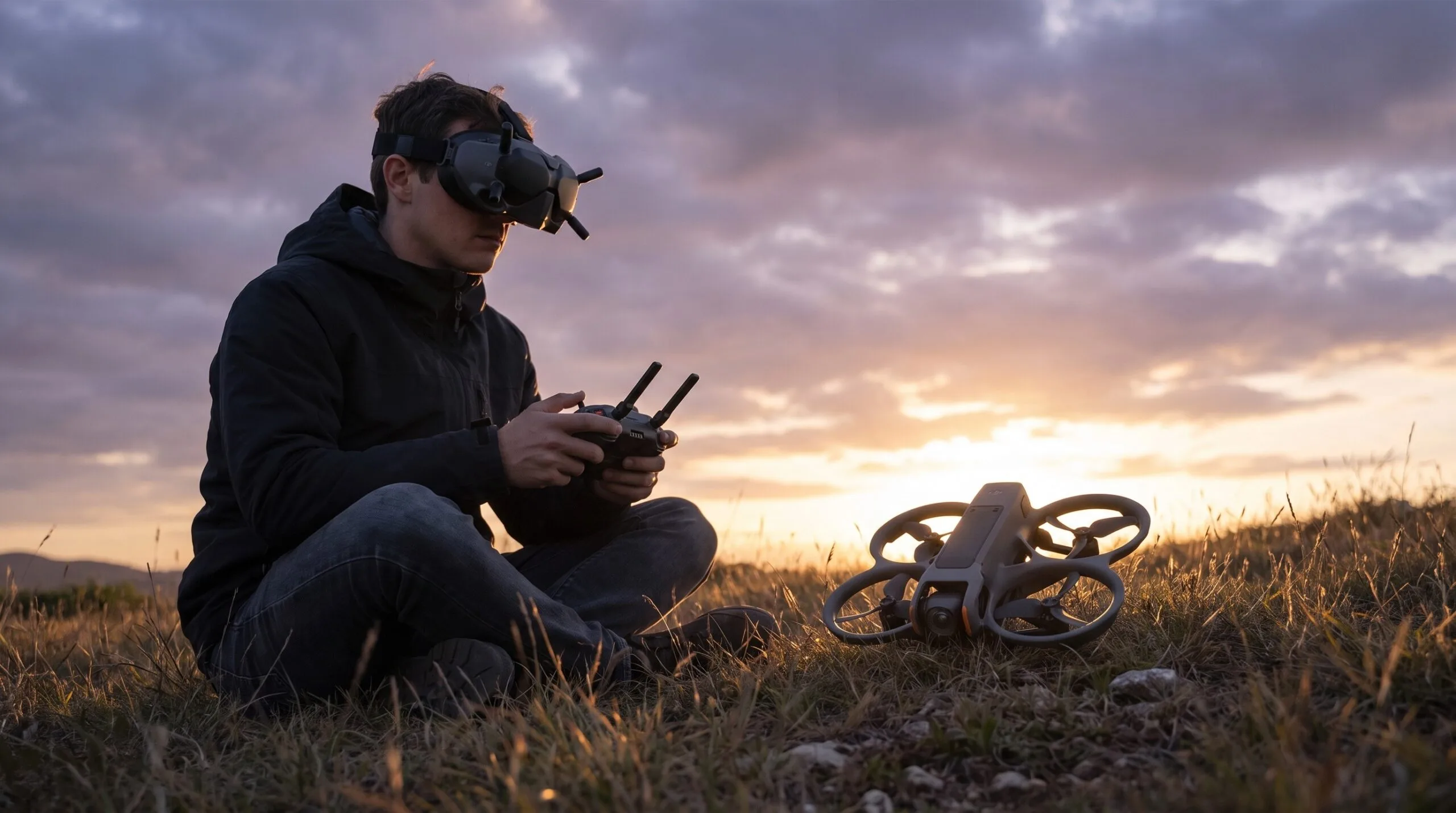 Piloto operando um drone FPV DJI de proximidade em ambiente externo ao entardecer