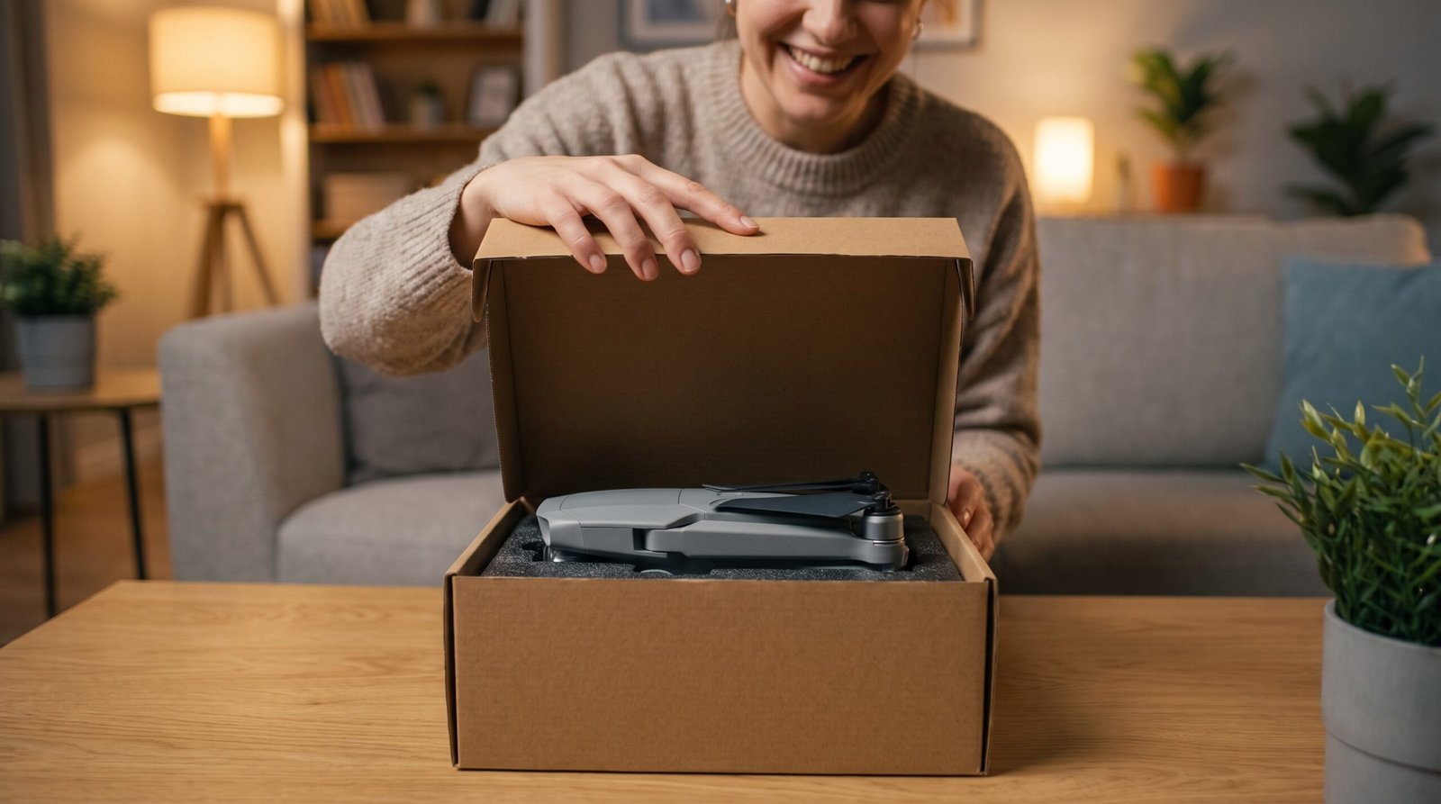 Pessoa desembalando um drone novo em casa, momento de unboxing
