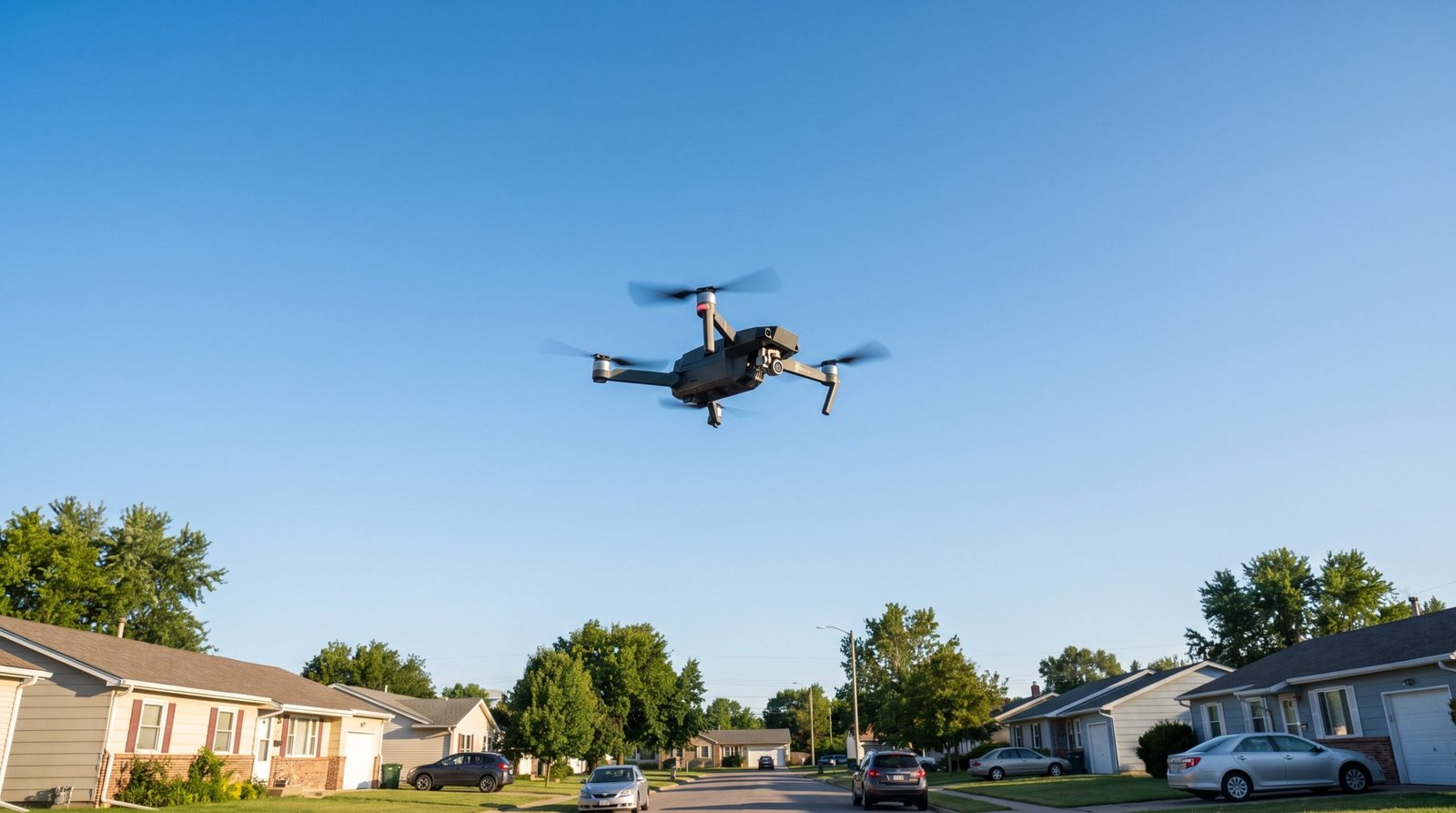 Drone DJI-style caindo descontrolado no céu acima de uma rua residencial, ilustrando a queda de um drone leve