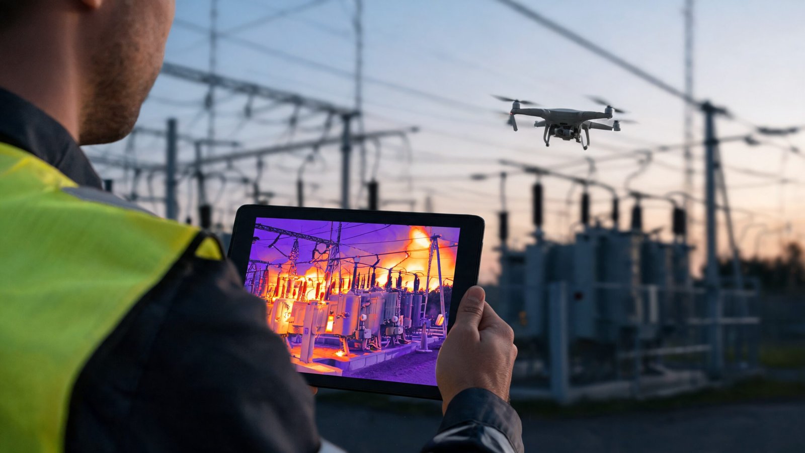 Inspetor analisando o mapa termico no tablet enquanto o drone paira ao fundo