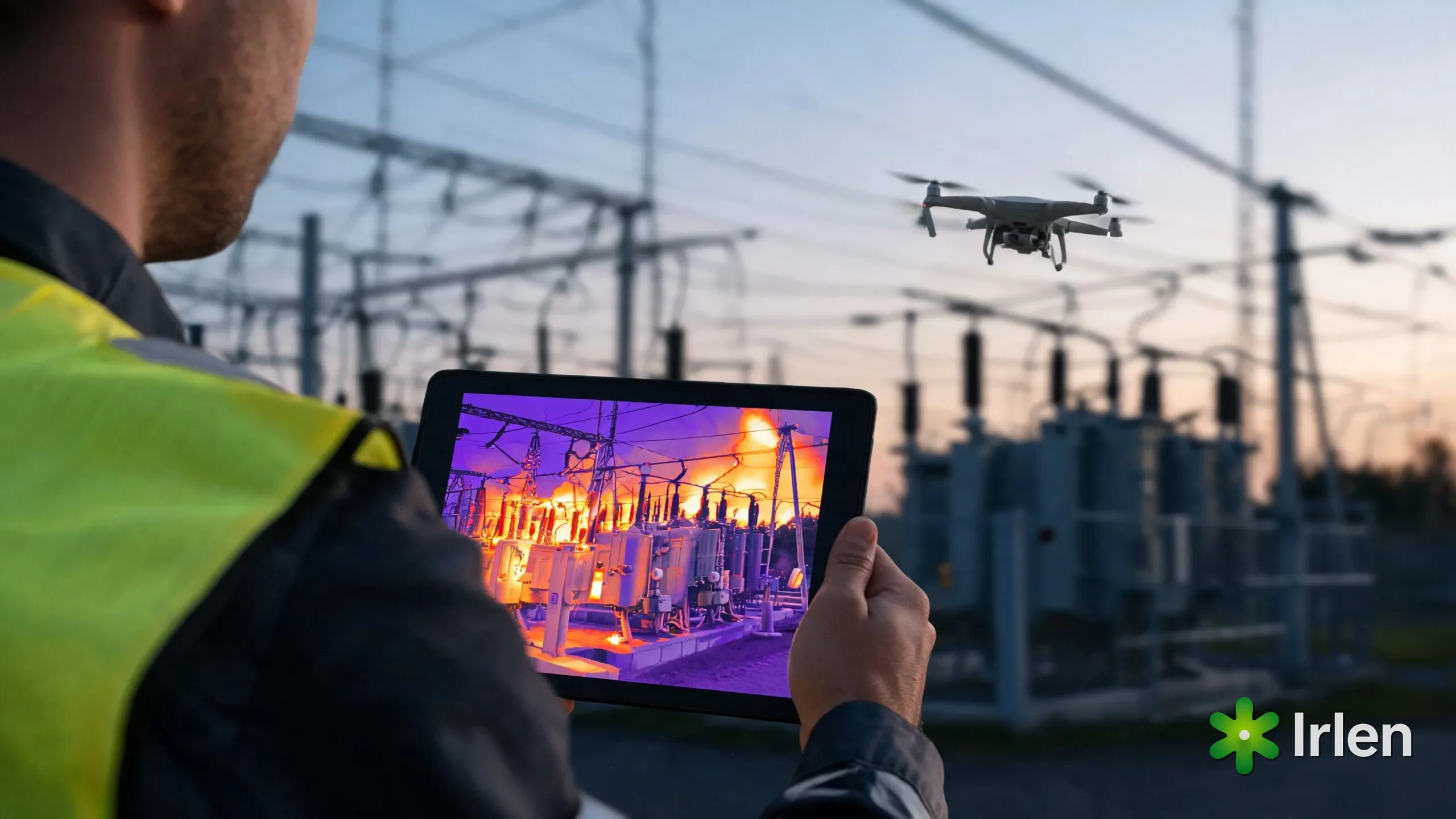Inspetor analisando o mapa termico no tablet enquanto o drone paira ao fundo