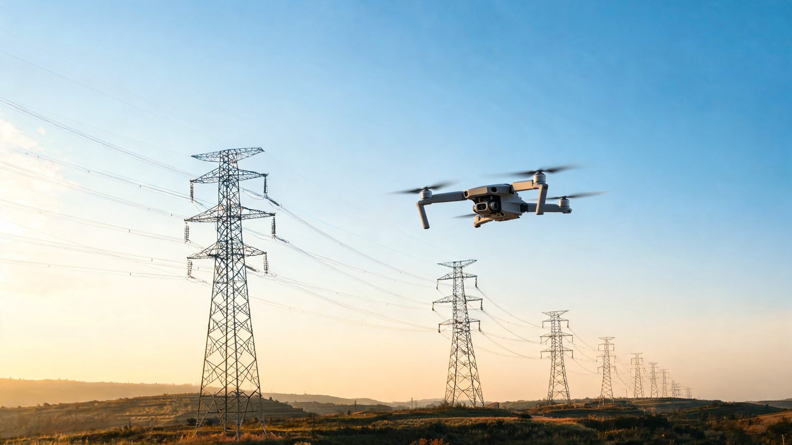 Drone termico inspecionando linhas de transmissao de energia ao entardecer